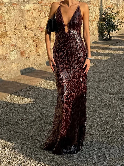 Women Sequin Maxi Dress V-neck Solid Backless