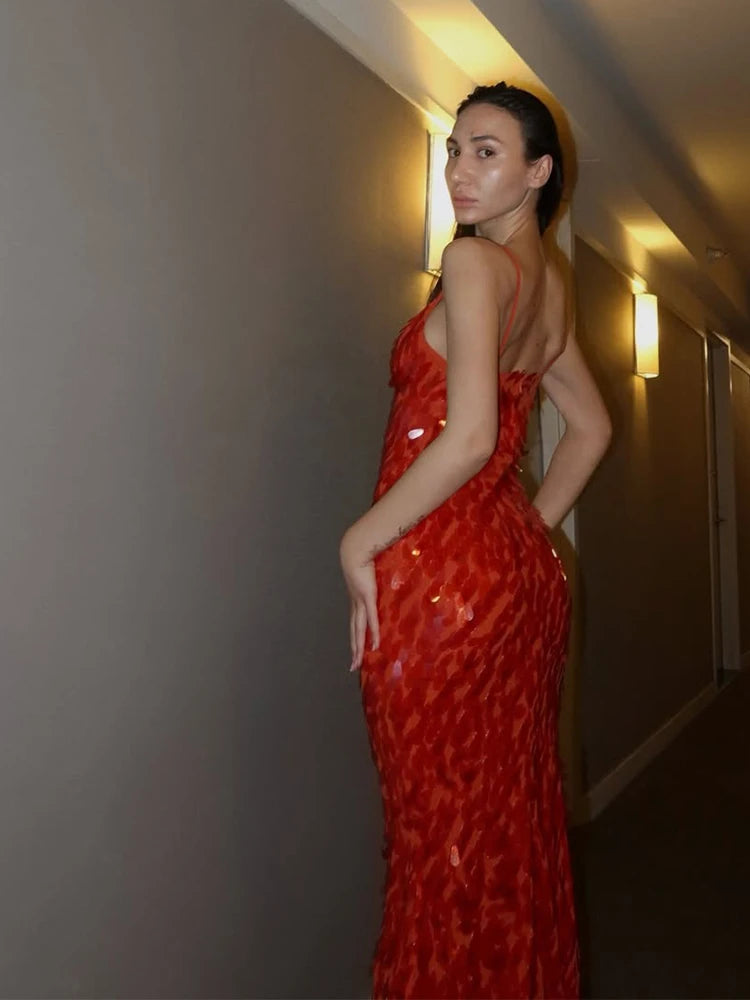 Women Sequin Maxi Dress V-neck Solid Backless