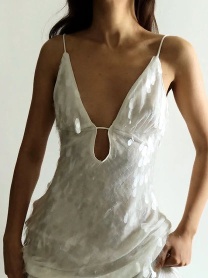 Women Sequin Maxi Dress V-neck Solid Backless