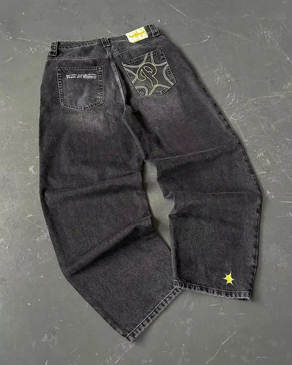 American Y2K Street Trend Letter Embroidered Loose Jeans Men Harajuku New Hip Hop Oversized Wide-leg Pants Unisex Mopping Jeans