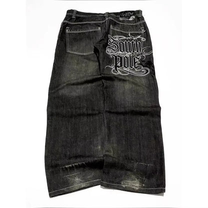 American Y2K Street Trend Letter Embroidered Loose Jeans Men Harajuku New Hip Hop Oversized Wide-leg Pants Unisex Mopping Jeans